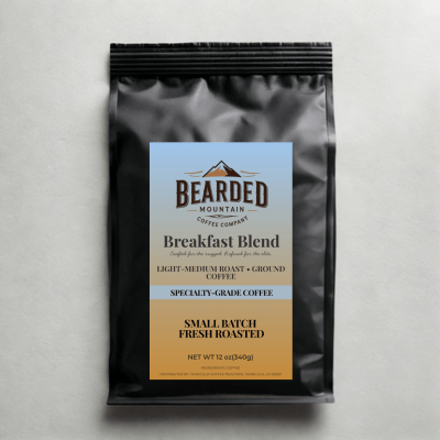 Bearded Mountain Coffee Company breakfast blend light-medium roast coffee package on a light gray background